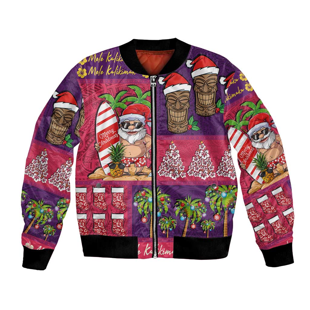 Hawaiian Christmas Bomber Jacket - Mele Kalikimaka Island Holiday Vibes - Pink Purple LT03 Unisex Pink - Purple - Polynesian Pride