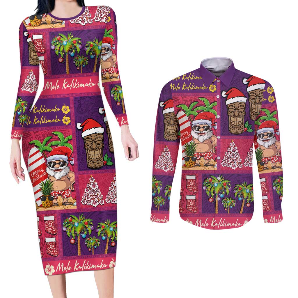 Hawaiian Christmas Couples Matching Long Sleeve Bodycon Dress and Long Sleeve Button Shirt - Mele Kalikimaka Island Holiday Vibes - Pink Purple LT03 Pink - Purple - Polynesian Pride
