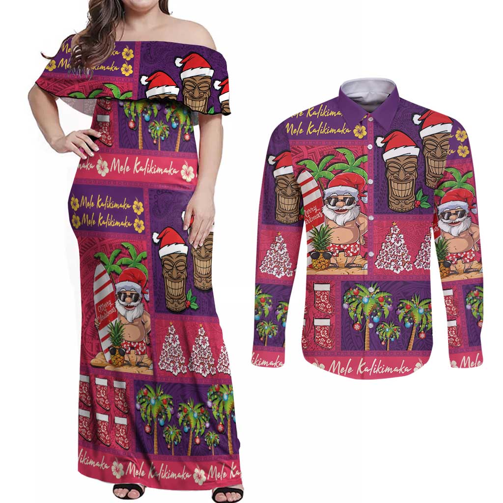 Hawaiian Christmas Couples Matching Off Shoulder Maxi Dress and Long Sleeve Button Shirt - Mele Kalikimaka Island Holiday Vibes - Pink Purple LT03 Pink - Purple - Polynesian Pride