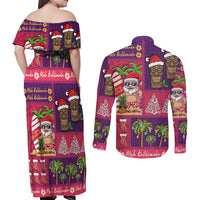 Hawaiian Christmas Couples Matching Off Shoulder Maxi Dress and Long Sleeve Button Shirt - Mele Kalikimaka Island Holiday Vibes - Pink Purple LT03 - Polynesian Pride