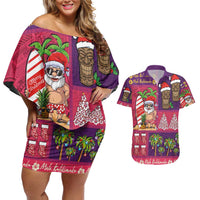 Hawaiian Christmas Couples Matching Off Shoulder Short Dress and Hawaiian Shirt - Mele Kalikimaka Island Holiday Vibes - Pink Purple LT03 Pink - Purple - Polynesian Pride