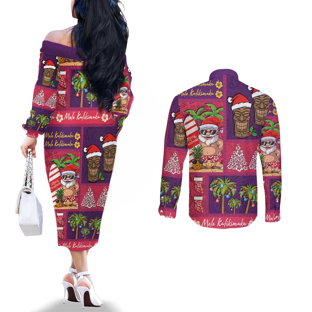 Hawaiian Christmas Couples Matching Off The Shoulder Long Sleeve Dress and Long Sleeve Button Shirt - Mele Kalikimaka Island Holiday Vibes - Pink Purple LT03 - Polynesian Pride