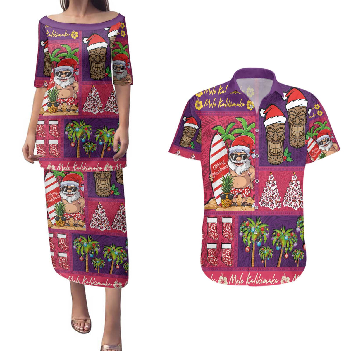 Hawaiian Christmas Couples Matching Puletasi and Hawaiian Shirt - Mele Kalikimaka Island Holiday Vibes - Pink Purple LT03 Pink - Purple - Polynesian Pride