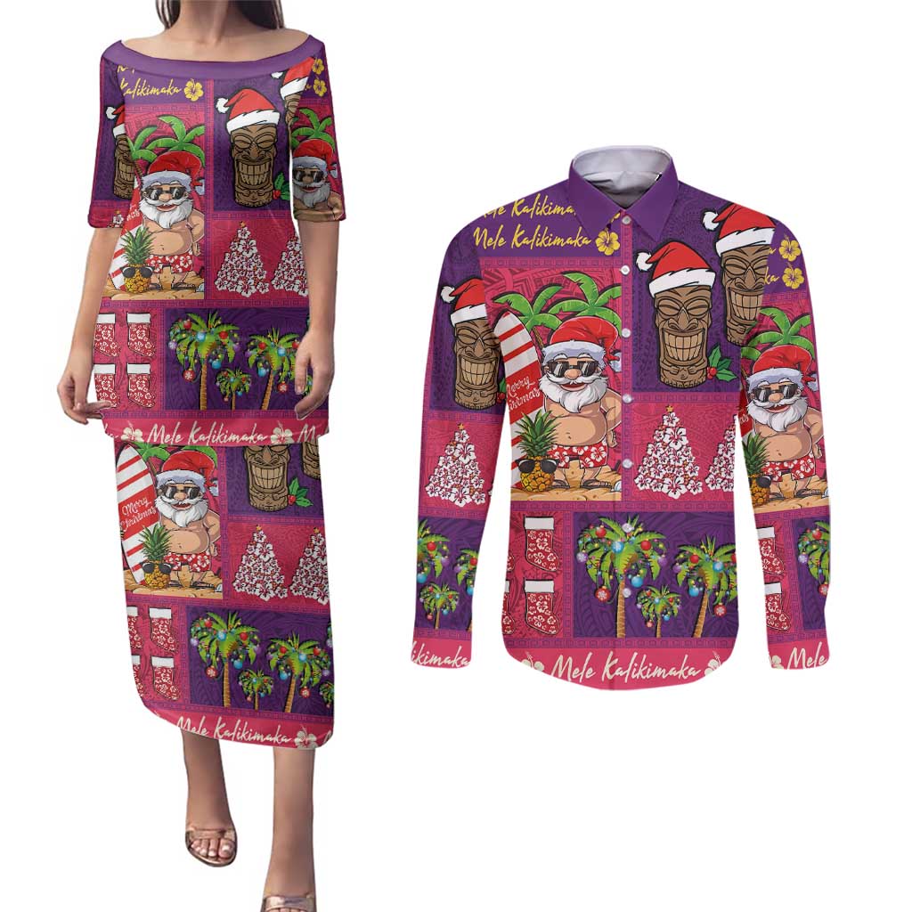 Hawaiian Christmas Couples Matching Puletasi and Long Sleeve Button Shirt - Mele Kalikimaka Island Holiday Vibes - Pink Purple LT03 Pink - Purple - Polynesian Pride