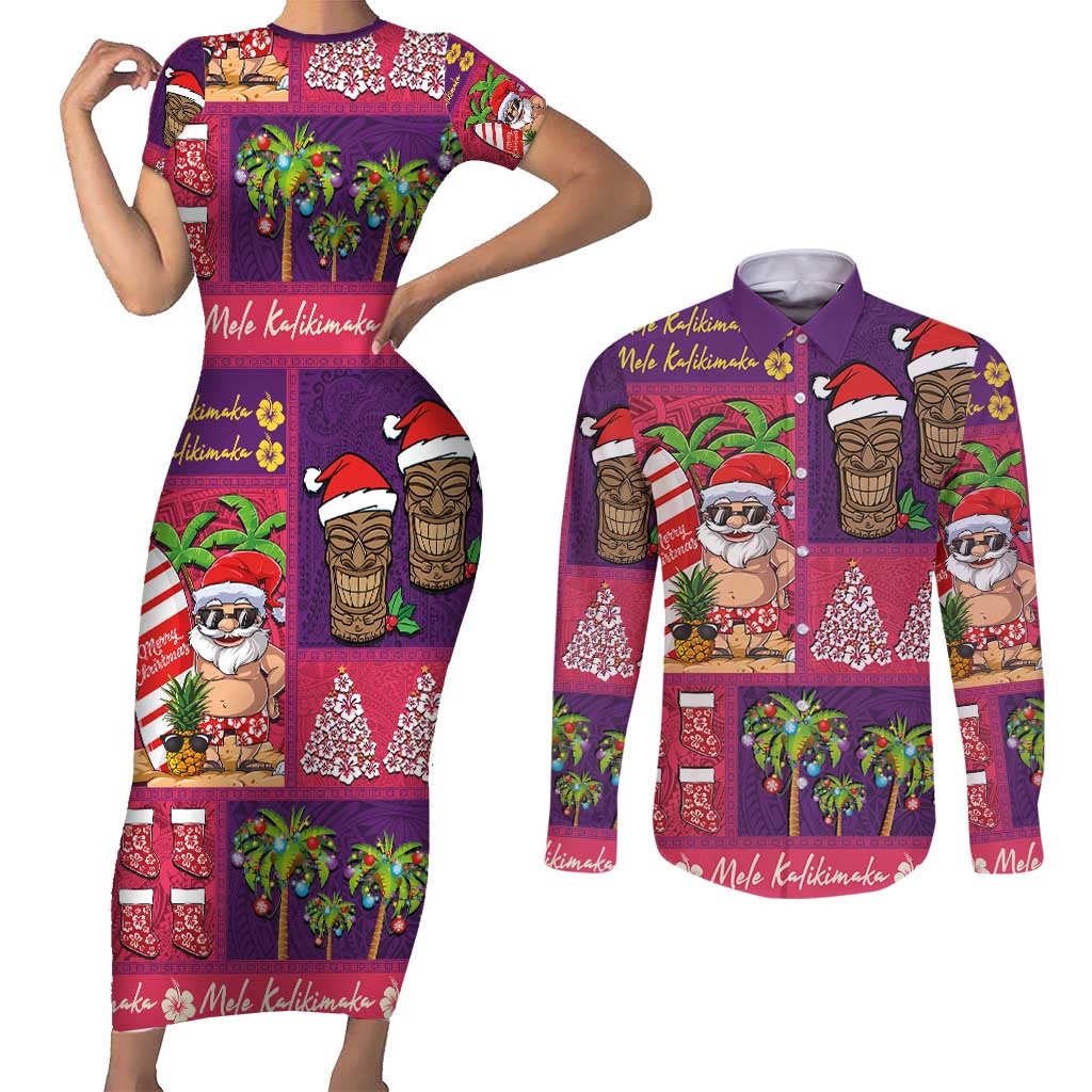 Hawaiian Christmas Couples Matching Short Sleeve Bodycon Dress and Long Sleeve Button Shirt - Mele Kalikimaka Island Holiday Vibes - Pink Purple LT03 Pink - Purple - Polynesian Pride