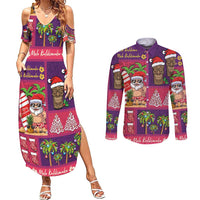Hawaiian Christmas Couples Matching Summer Maxi Dress and Long Sleeve Button Shirt - Mele Kalikimaka Island Holiday Vibes - Pink Purple LT03 Pink - Purple - Polynesian Pride