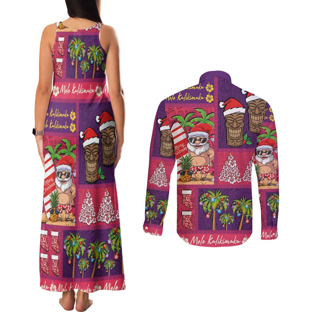 Hawaiian Christmas Couples Matching Tank Maxi Dress and Long Sleeve Button Shirt - Mele Kalikimaka Island Holiday Vibes - Pink Purple LT03 - Polynesian Pride