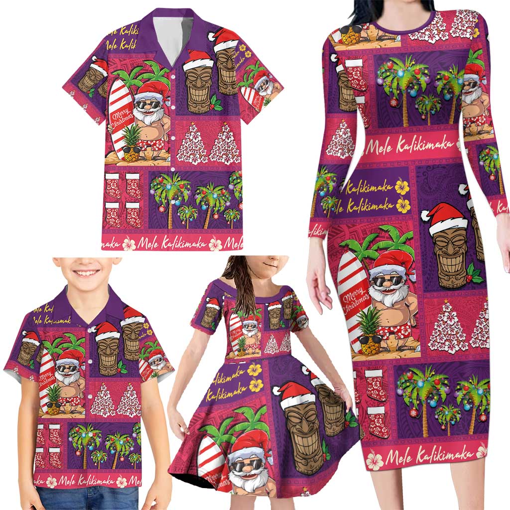 Hawaiian Christmas Family Matching Long Sleeve Bodycon Dress and Hawaiian Shirt - Mele Kalikimaka Island Holiday Vibes - Pink Purple LT03 - Polynesian Pride
