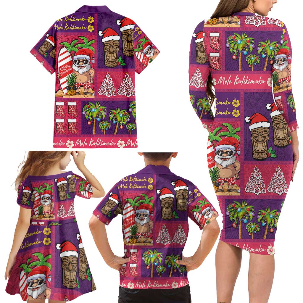 Hawaiian Christmas Family Matching Long Sleeve Bodycon Dress and Hawaiian Shirt - Mele Kalikimaka Island Holiday Vibes - Pink Purple LT03 - Polynesian Pride