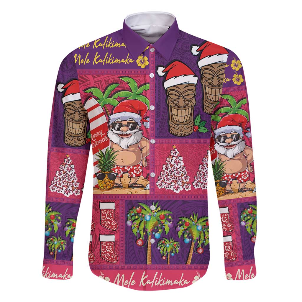 Hawaiian Christmas Family Matching Long Sleeve Bodycon Dress and Hawaiian Shirt - Mele Kalikimaka Island Holiday Vibes - Pink Purple LT03 Dad's Shirt - Long Sleeve Pink - Purple - Polynesian Pride