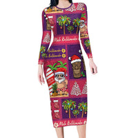 Hawaiian Christmas Family Matching Long Sleeve Bodycon Dress and Hawaiian Shirt - Mele Kalikimaka Island Holiday Vibes - Pink Purple LT03 Mom's Dress Pink - Purple - Polynesian Pride