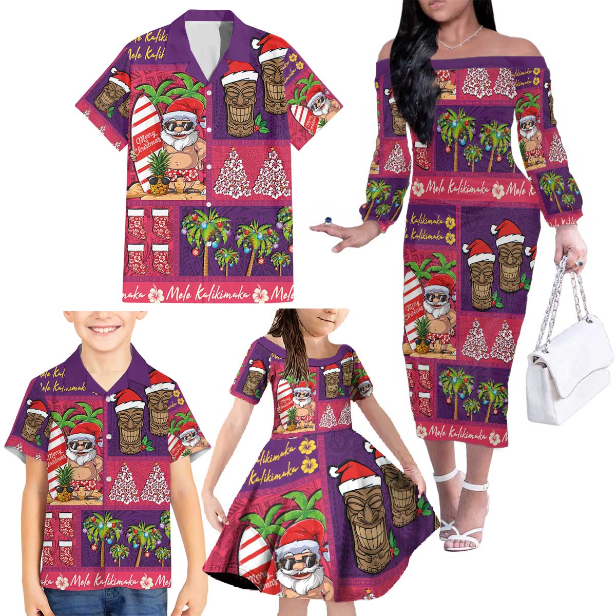 Hawaiian Christmas Family Matching Off The Shoulder Long Sleeve Dress and Hawaiian Shirt - Mele Kalikimaka Island Holiday Vibes - Pink Purple LT03 - Polynesian Pride
