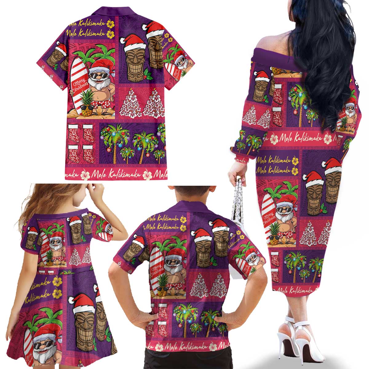 Hawaiian Christmas Family Matching Off The Shoulder Long Sleeve Dress and Hawaiian Shirt - Mele Kalikimaka Island Holiday Vibes - Pink Purple LT03 - Polynesian Pride