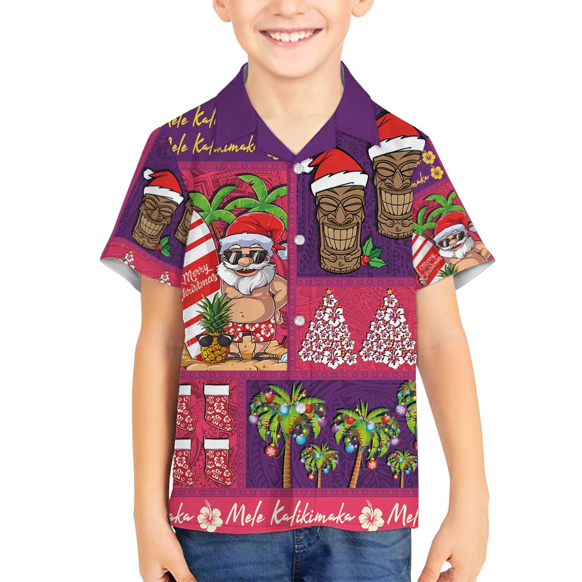 Hawaiian Christmas Family Matching Off The Shoulder Long Sleeve Dress and Hawaiian Shirt - Mele Kalikimaka Island Holiday Vibes - Pink Purple LT03 Son's Shirt Pink - Purple - Polynesian Pride