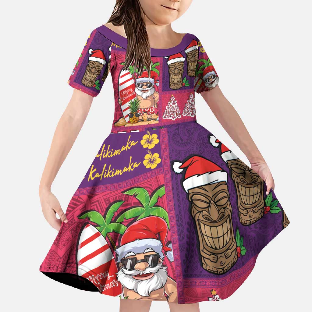 Hawaiian Christmas Family Matching Short Sleeve Bodycon Dress and Hawaiian Shirt - Mele Kalikimaka Island Holiday Vibes - Pink Purple LT03 Daughter's Dress Pink - Purple - Polynesian Pride