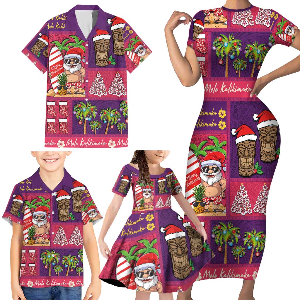 Hawaiian Christmas Family Matching Short Sleeve Bodycon Dress and Hawaiian Shirt - Mele Kalikimaka Island Holiday Vibes - Pink Purple LT03 - Polynesian Pride