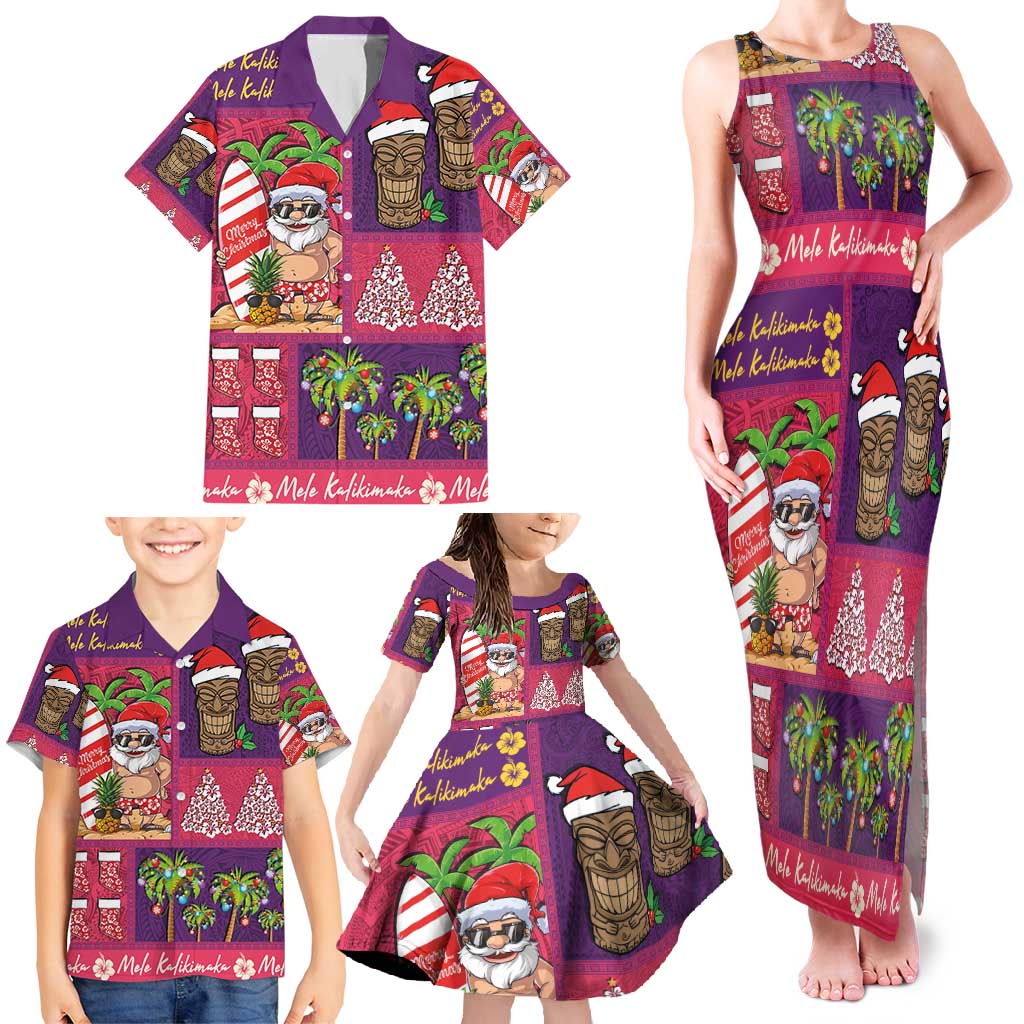 Hawaiian Christmas Family Matching Tank Maxi Dress and Hawaiian Shirt - Mele Kalikimaka Island Holiday Vibes - Pink Purple