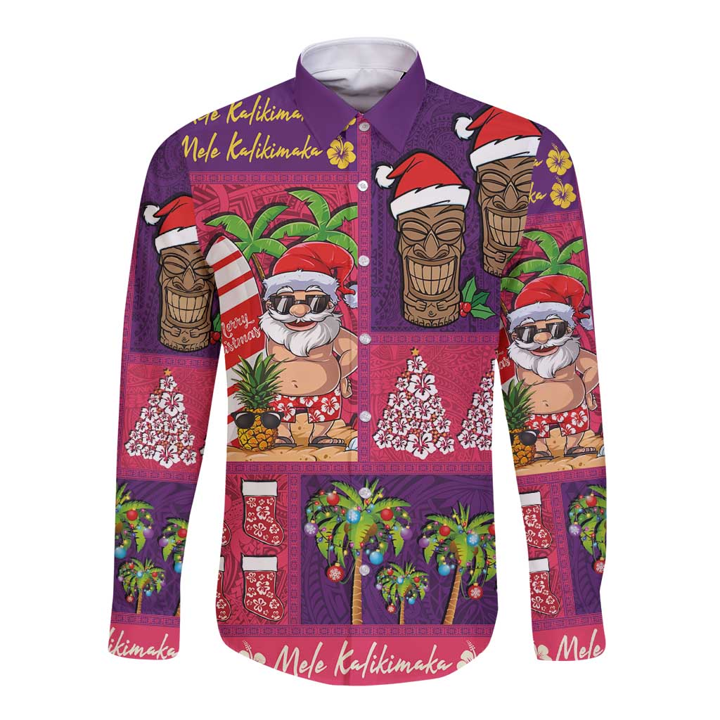 Hawaiian Christmas Long Sleeve Button Shirt - Mele Kalikimaka Island Holiday Vibes - Pink Purple