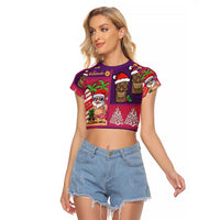 Hawaiian Christmas Raglan Cropped T Shirt - Mele Kalikimaka Island Holiday Vibes - Pink Purple LT03 Female Pink - Purple - Polynesian Pride