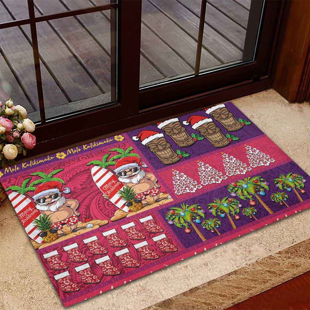 Hawaiian Christmas Rubber Doormat - Mele Kalikimaka Island Holiday Vibes - Pink Purple