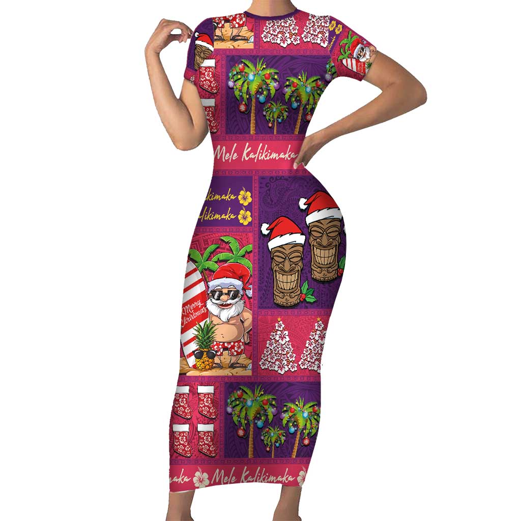 Hawaiian Christmas Short Sleeve Bodycon Dress - Mele Kalikimaka Island Holiday Vibes - Pink Purple