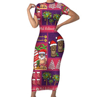 Hawaiian Christmas Short Sleeve Bodycon Dress - Mele Kalikimaka Island Holiday Vibes - Pink Purple LT03 Long Dress Pink - Purple - Polynesian Pride