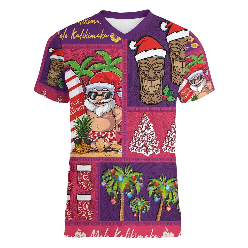 Hawaiian Christmas Women V-Neck T-Shirt - Mele Kalikimaka Island Holiday Vibes - Pink Purple LT03 Female Pink - Purple - Polynesian Pride