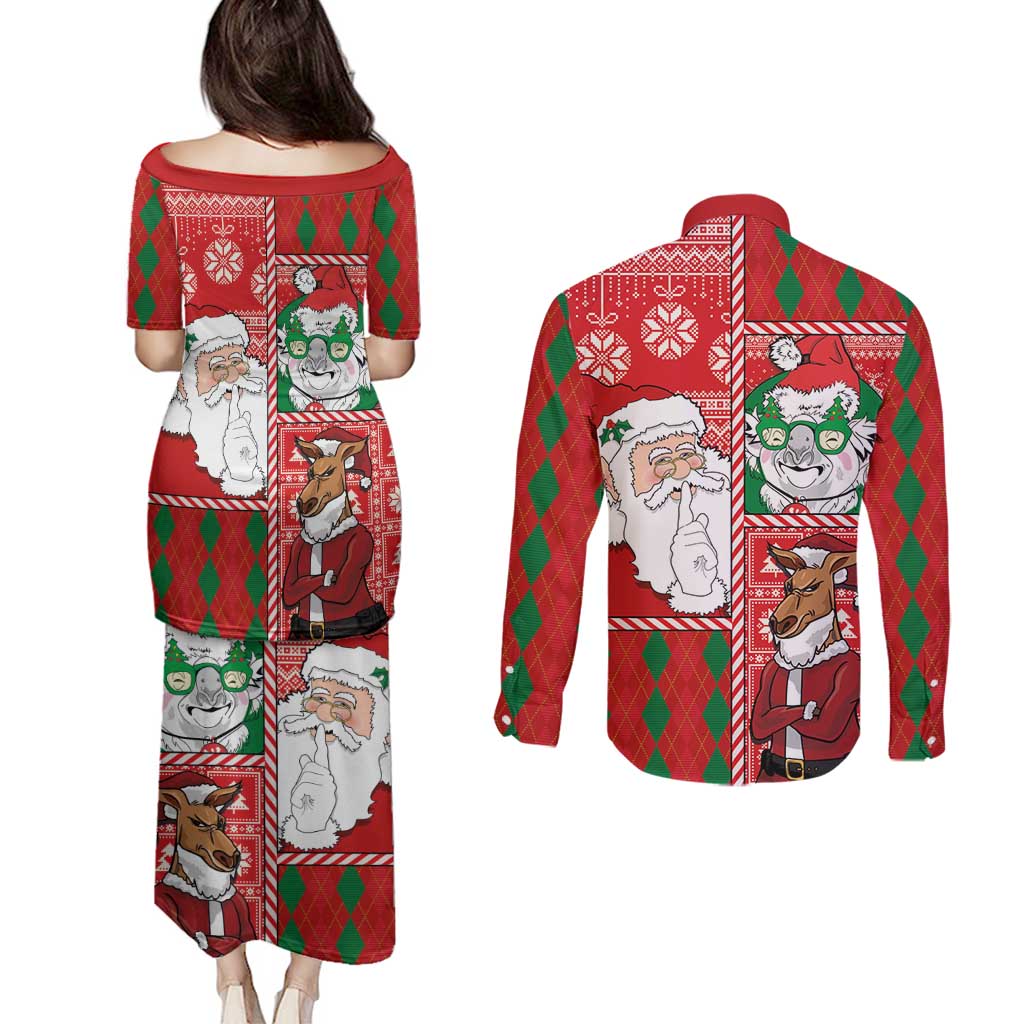 Australian Christmas Couples Matching Puletasi and Long Sleeve Button Shirt - Santa Koala Kangaroo and Holiday Cheer