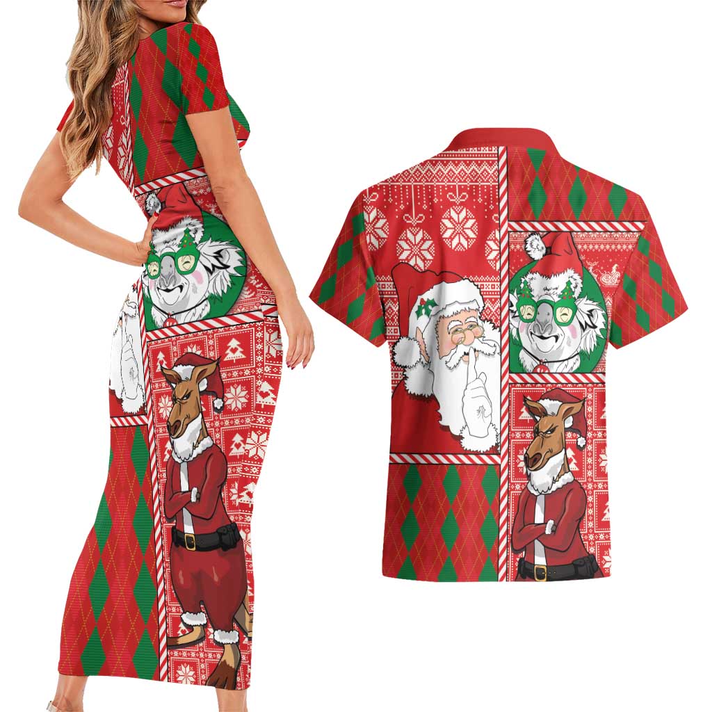 Australian Christmas Couples Matching Short Sleeve Bodycon Dress and Hawaiian Shirt - Santa Koala Kangaroo and Holiday Cheer