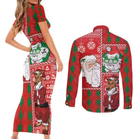 Australian Christmas Couples Matching Short Sleeve Bodycon Dress and Long Sleeve Button Shirt - Santa Koala Kangaroo and Holiday Cheer