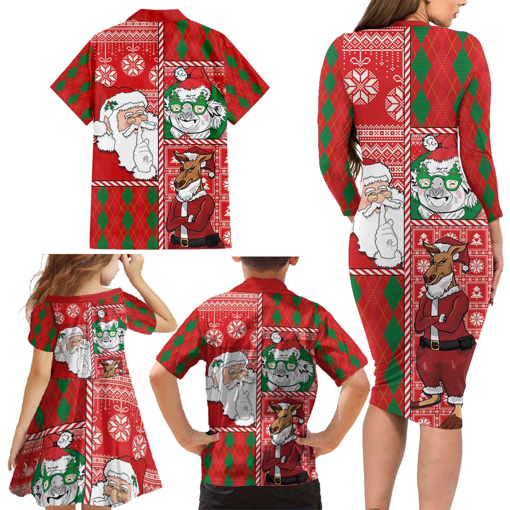 Australian Christmas Family Matching Long Sleeve Bodycon Dress and Hawaiian Shirt - Santa Koala Kangaroo and Holiday Cheer LT03 - Polynesian Pride
