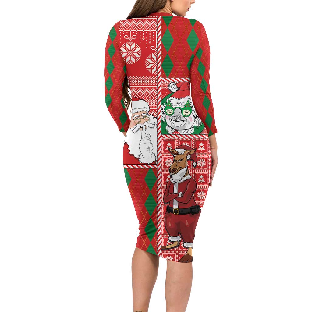 Australian Christmas Family Matching Long Sleeve Bodycon Dress and Hawaiian Shirt - Santa Koala Kangaroo and Holiday Cheer LT03 - Polynesian Pride
