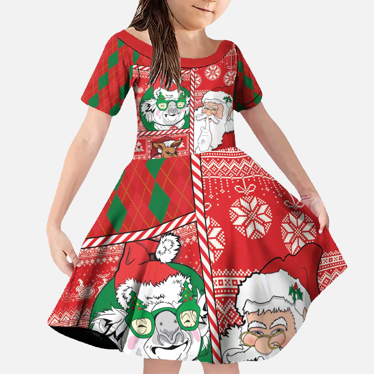 Australian Christmas Family Matching Off The Shoulder Long Sleeve Dress and Hawaiian Shirt - Santa Koala Kangaroo and Holiday Cheer LT03 Daughter's Dress Red - Polynesian Pride