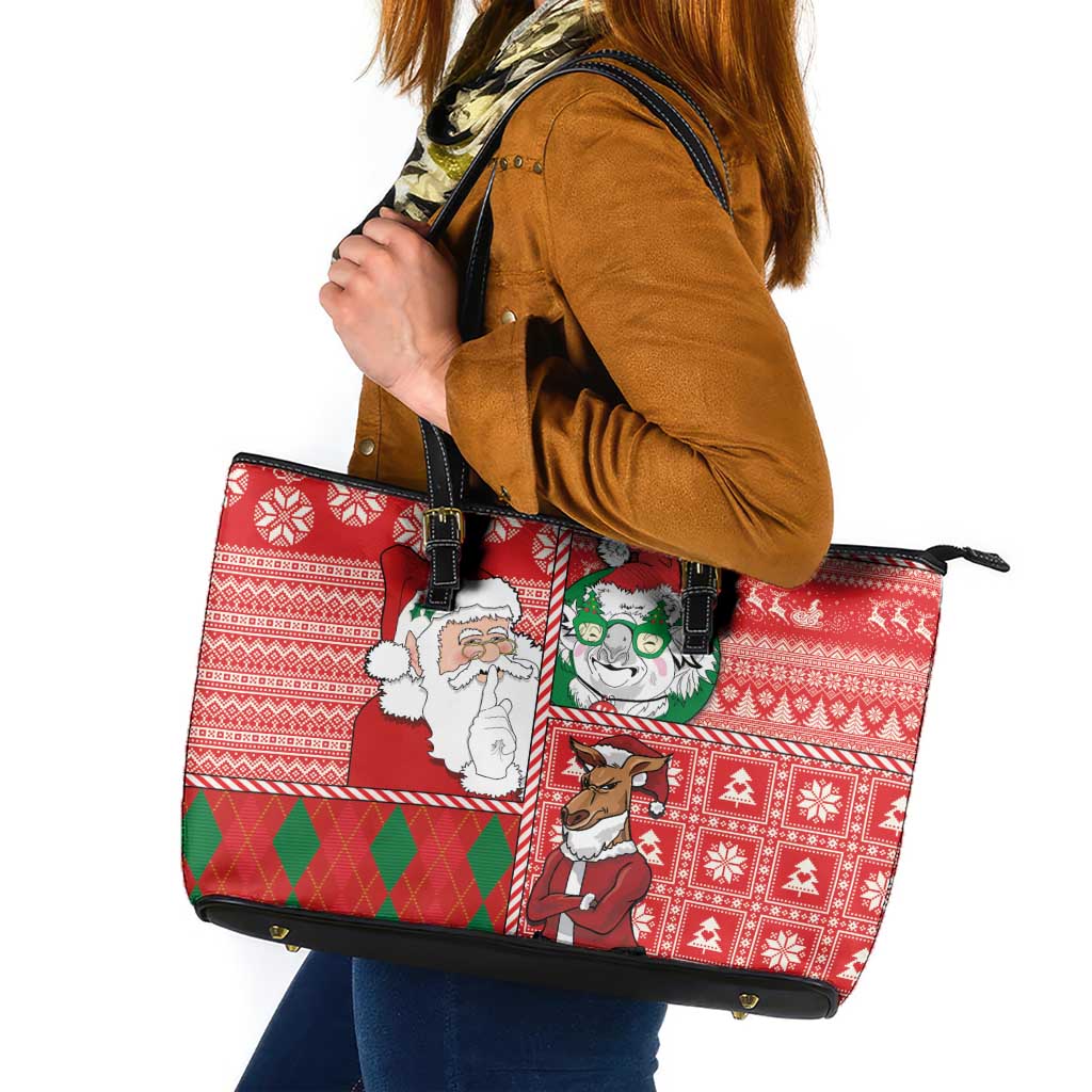 Australian Christmas Leather Tote Bag - Santa Koala Kangaroo and Holiday Cheer