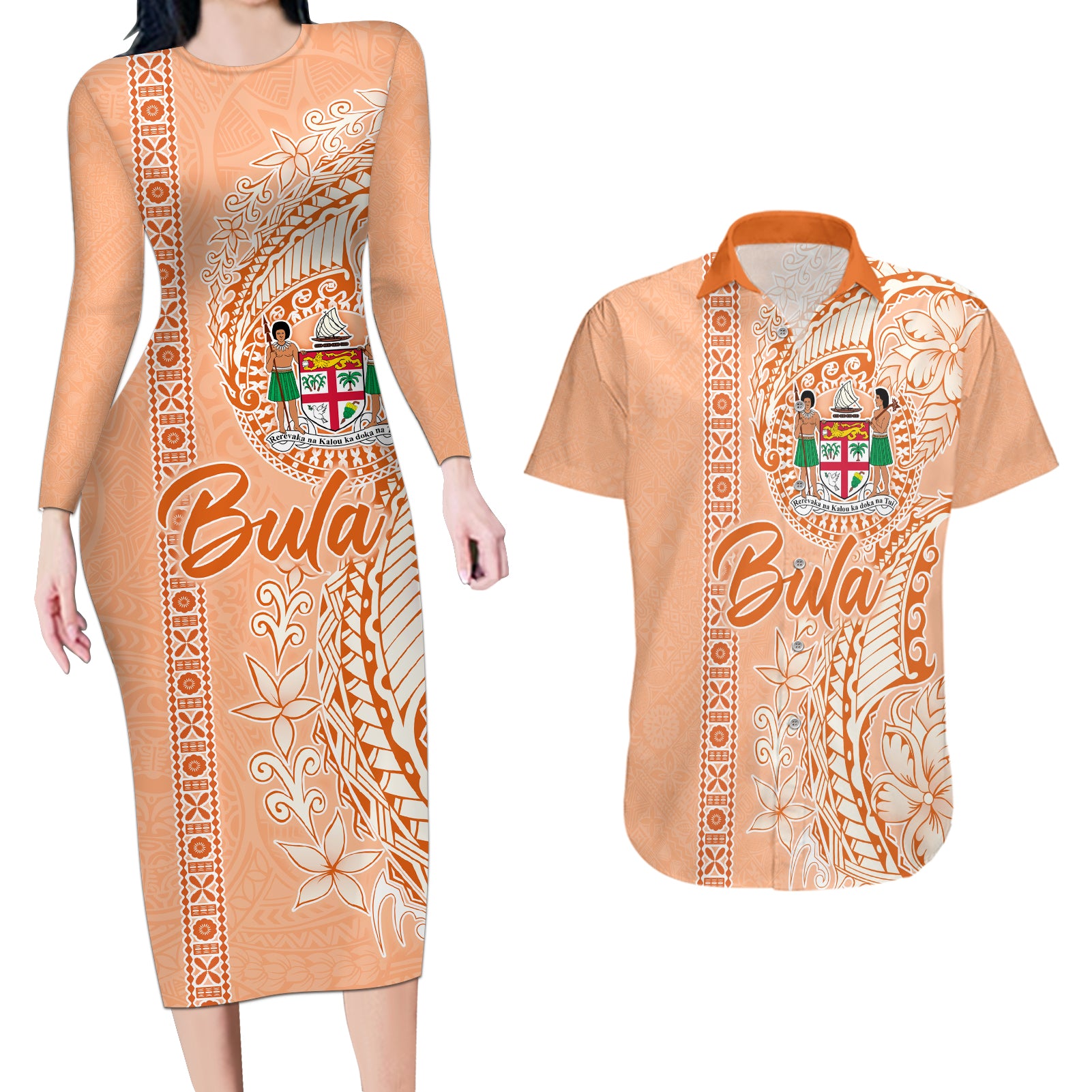 Bula Fiji Couples Matching Long Sleeve Bodycon Dress and Hawaiian Shirt Tropical Flower and Tapa Pattern Peach Fuzz Color LT03 Peach Fuzz - Polynesian Pride
