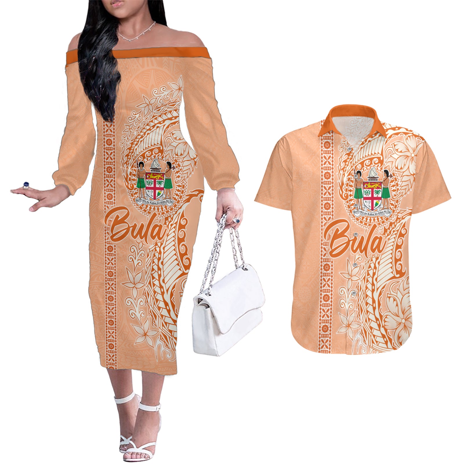 Bula Fiji Couples Matching Off The Shoulder Long Sleeve Dress and Hawaiian Shirt Tropical Flower and Tapa Pattern Peach Fuzz Color LT03 Peach Fuzz - Polynesian Pride