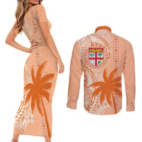 Bula Fiji Couples Matching Short Sleeve Bodycon Dress and Long Sleeve Button Shirt Tropical Flower and Tapa Pattern Peach Fuzz Color LT03 - Polynesian Pride