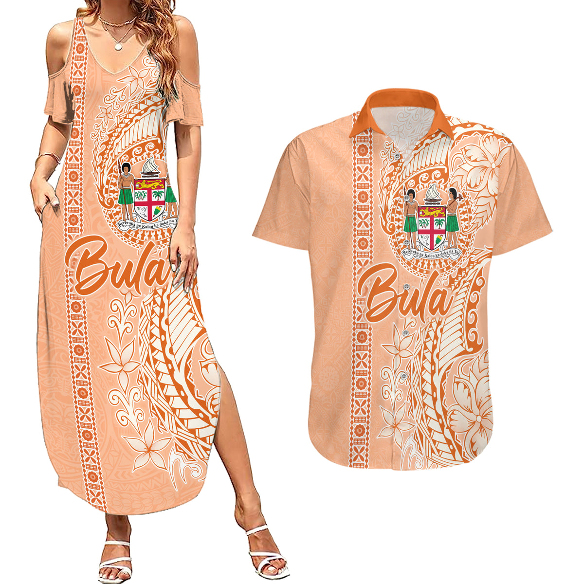 Bula Fiji Couples Matching Summer Maxi Dress and Hawaiian Shirt Tropical Flower and Tapa Pattern Peach Fuzz Color LT03 Peach Fuzz - Polynesian Pride