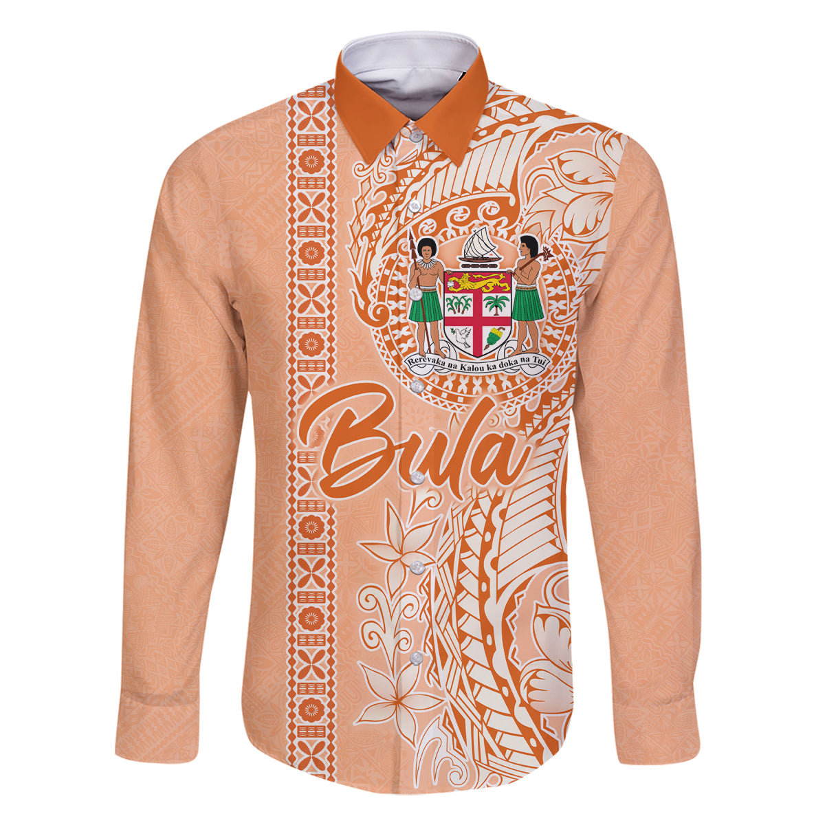 Bula Fiji Family Matching Long Sleeve Bodycon Dress and Hawaiian Shirt Tropical Flower and Tapa Pattern Peach Fuzz Color LT03 Dad's Shirt - Long Sleeve Peach Fuzz - Polynesian Pride