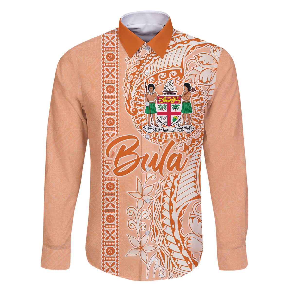 Bula Fiji Family Matching Puletasi Dress and Hawaiian Shirt Tropical Flower and Tapa Pattern Peach Fuzz Color LT03 Dad's Shirt - Long Sleeve Peach Fuzz - Polynesian Pride