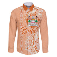 Bula Fiji Family Matching Puletasi Dress and Hawaiian Shirt Tropical Flower and Tapa Pattern Peach Fuzz Color LT03 Dad's Shirt - Long Sleeve Peach Fuzz - Polynesian Pride