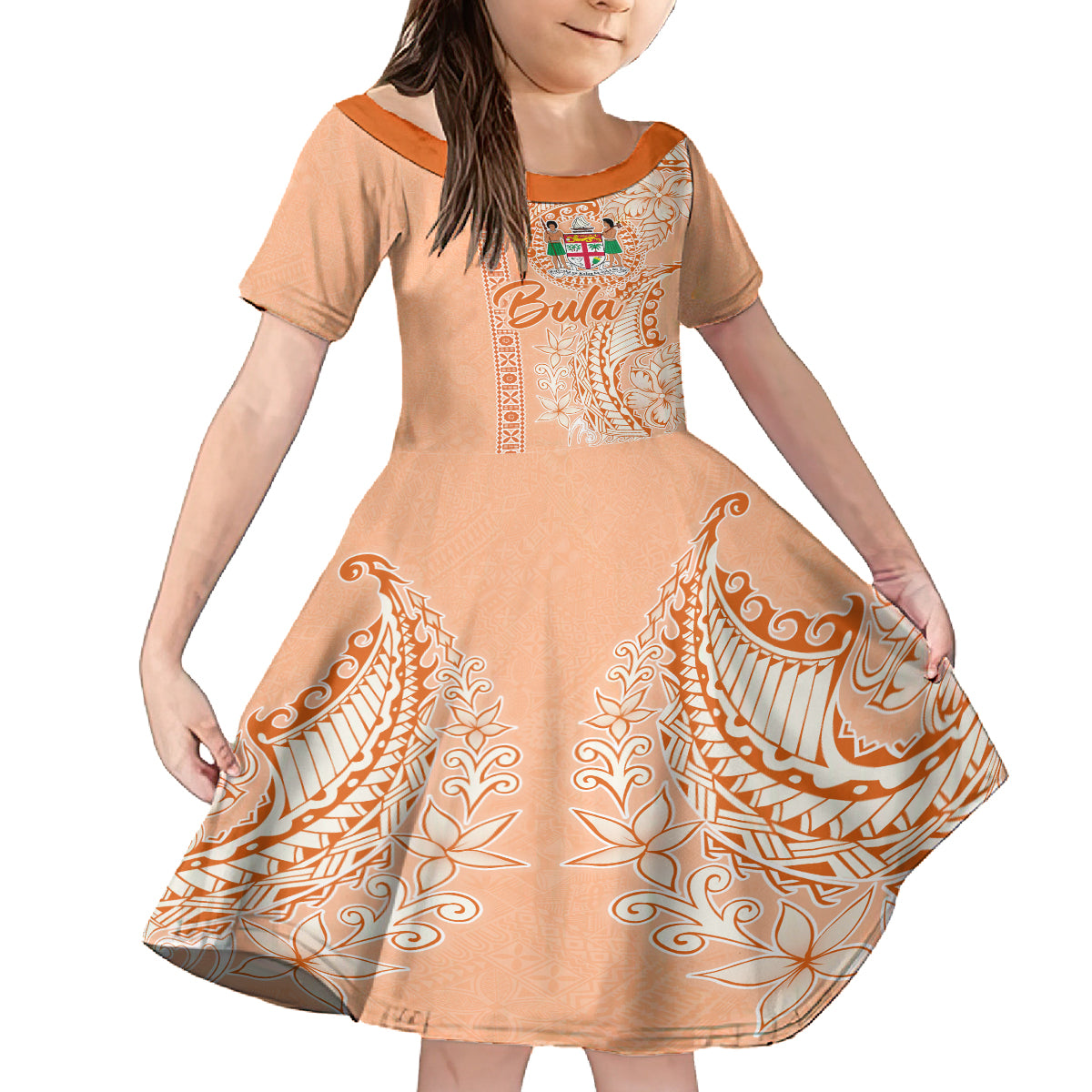 Bula Fiji Family Matching Tank Maxi Dress and Hawaiian Shirt Tropical Flower and Tapa Pattern Peach Fuzz Color LT03 Daughter's Dress Peach Fuzz - Polynesian Pride