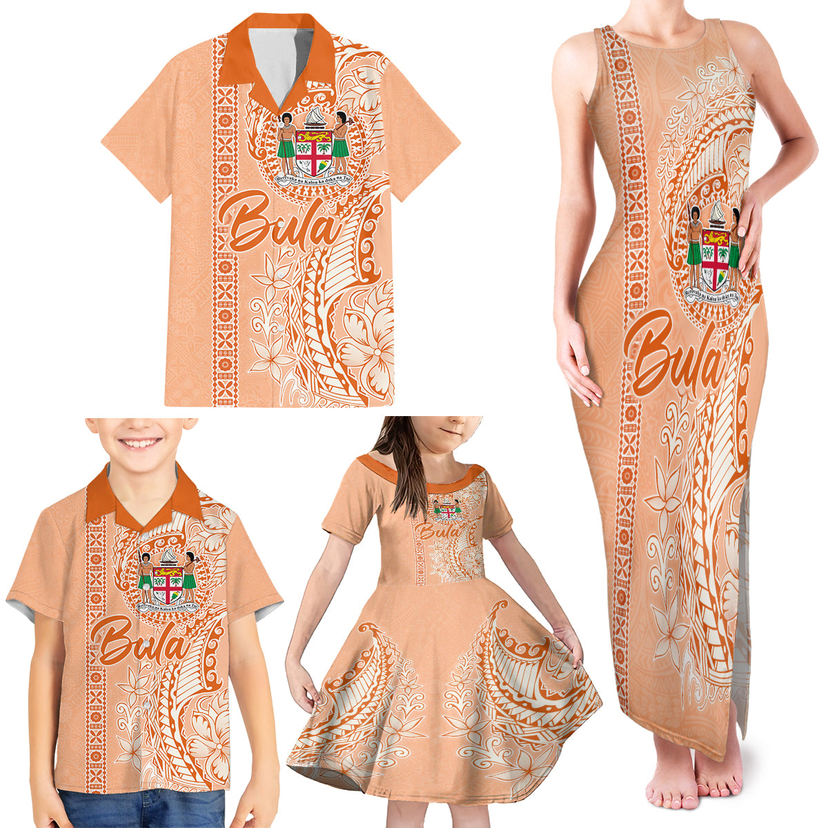 Bula Fiji Family Matching Tank Maxi Dress and Hawaiian Shirt Tropical Flower and Tapa Pattern Peach Fuzz Color LT03 - Polynesian Pride