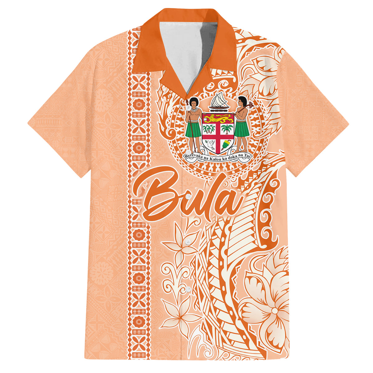 Bula Fiji Family Matching Tank Maxi Dress and Hawaiian Shirt Tropical Flower and Tapa Pattern Peach Fuzz Color LT03 Dad's Shirt - Short Sleeve Peach Fuzz - Polynesian Pride