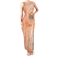 Bula Fiji Family Matching Tank Maxi Dress and Hawaiian Shirt Tropical Flower and Tapa Pattern Peach Fuzz Color LT03 Mom's Dress Peach Fuzz - Polynesian Pride