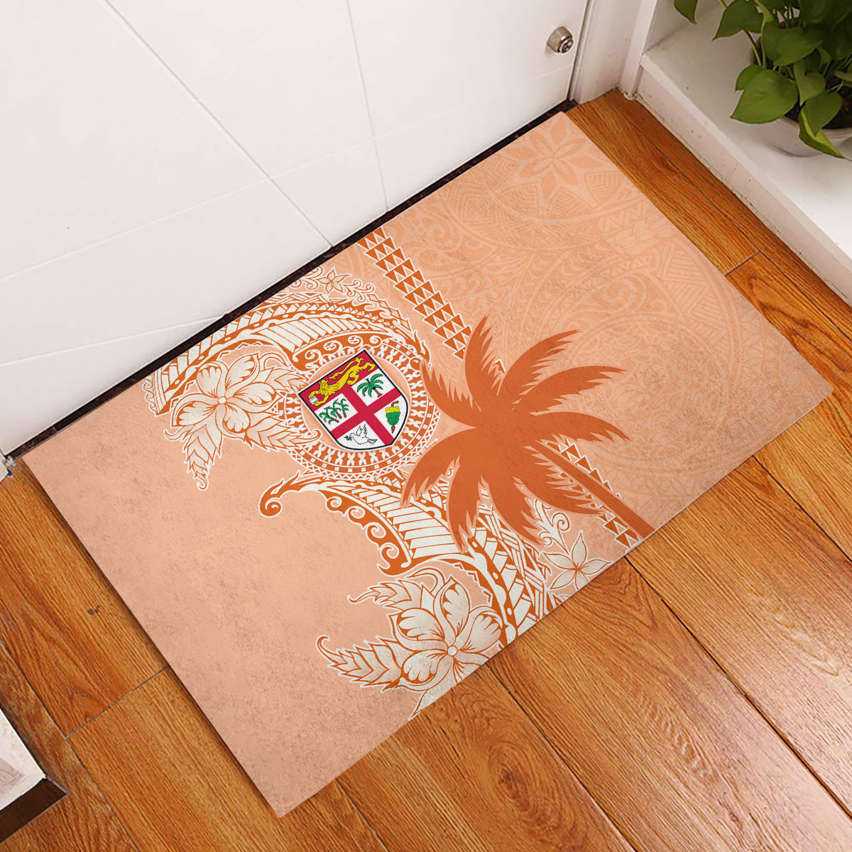 Bula Fiji Rubber Doormat Tropical Flower and Tapa Pattern Peach Fuzz Color LT03 Peach Fuzz - Polynesian Pride