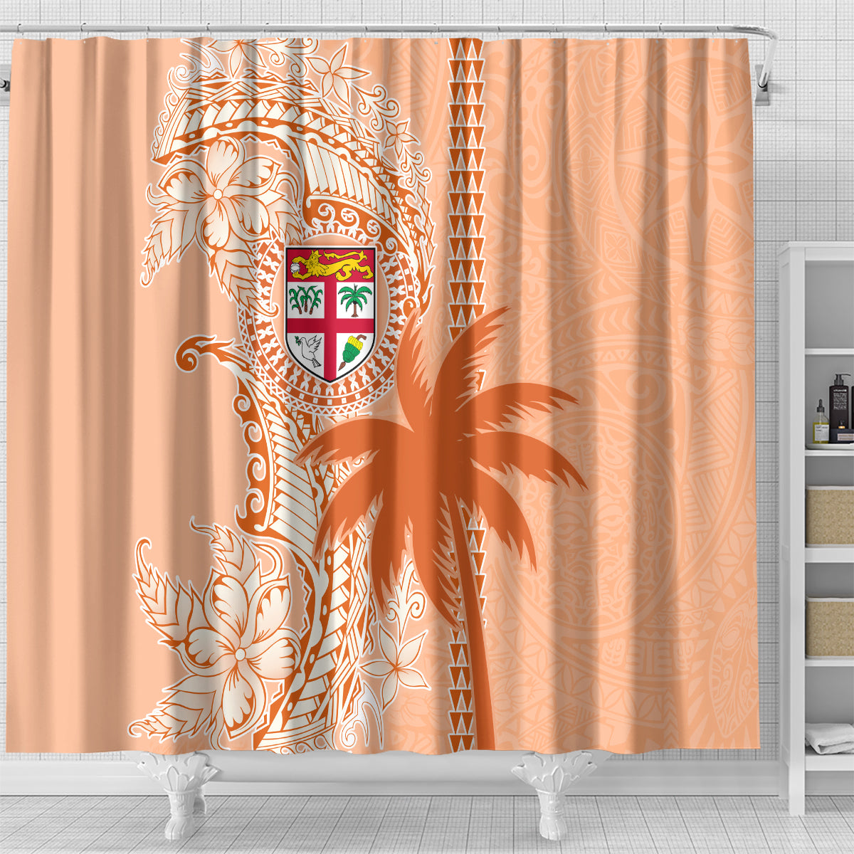 Bula Fiji Shower Curtain Tropical Flower and Tapa Pattern Peach Fuzz Color LT03 - Polynesian Pride