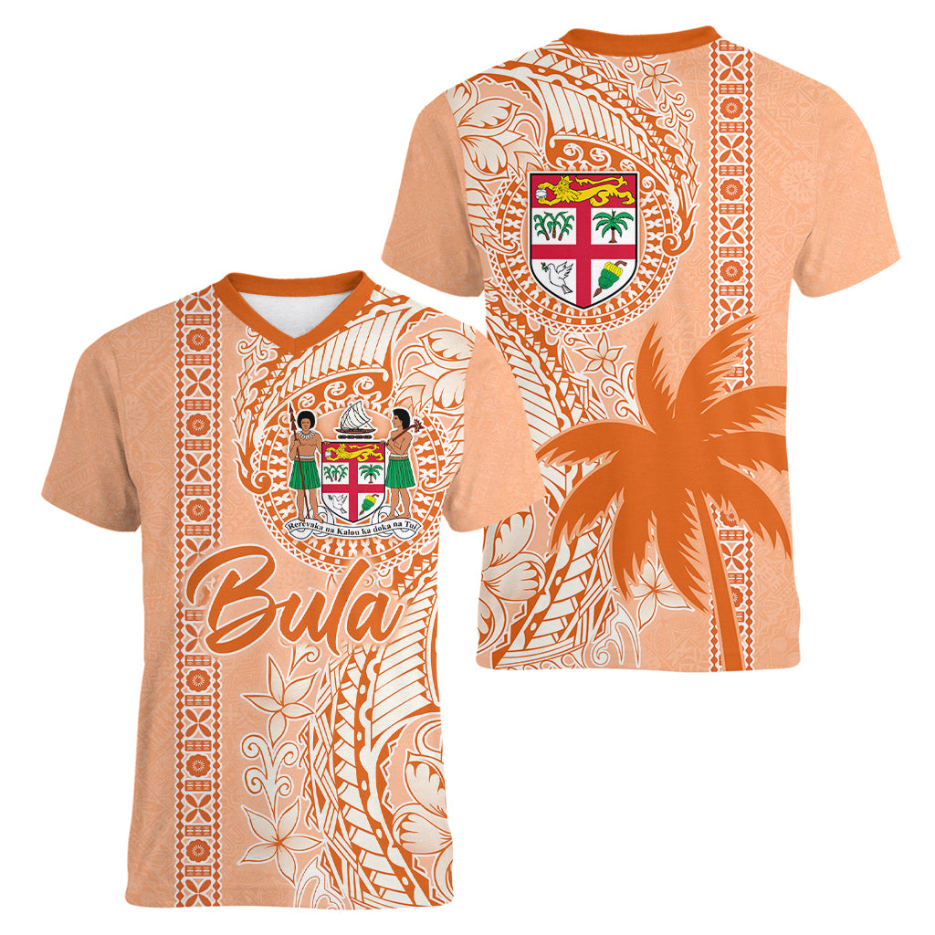 Bula Fiji Women V Neck T Shirt Tropical Flower and Tapa Pattern Peach Fuzz Color LT03 - Polynesian Pride