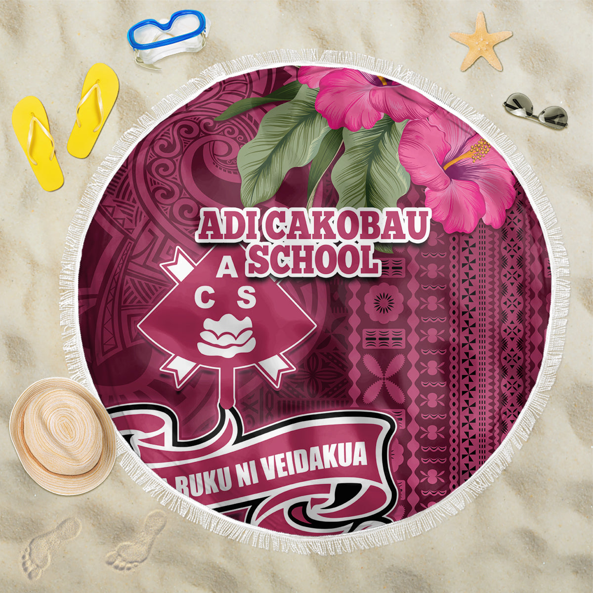 Fiji Adi Cakobau School Beach Blanket Tropical Flower and Tapa Pattern LT03 One Size 150cm Pink - Polynesian Pride