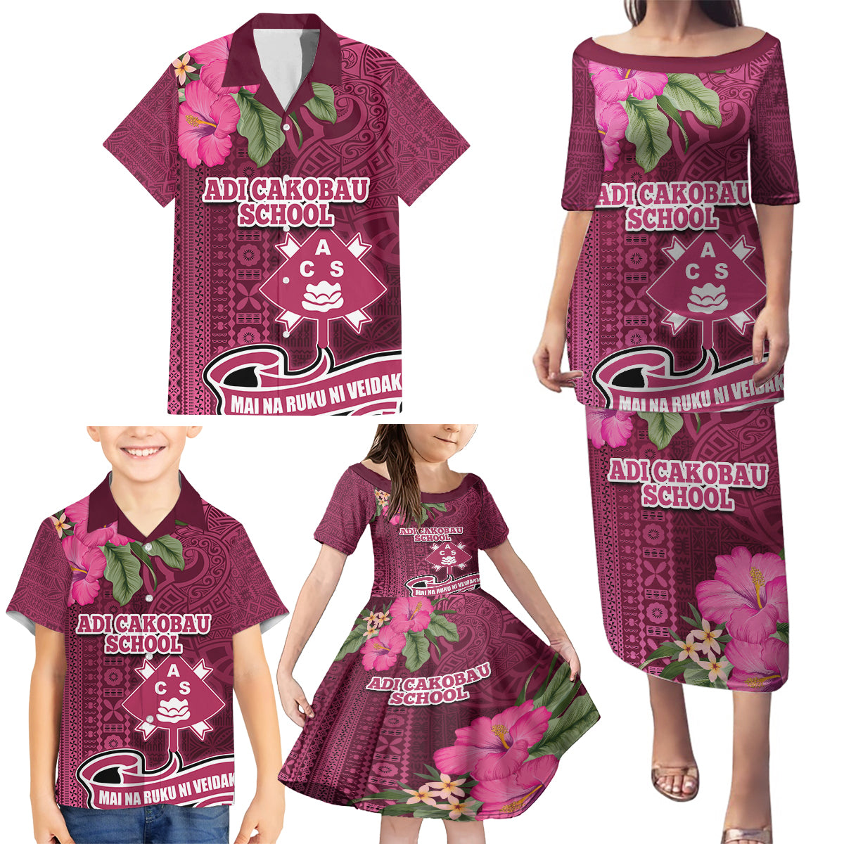 Fiji Adi Cakobau School Family Matching Puletasi Dress and Hawaiian Shirt Tropical Flower and Tapa Pattern LT03 - Polynesian Pride